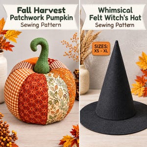 Pacchetto di modelli PDF per cucire zucca patchwork autunnale e cappello da strega, costume di Halloween fai da te, decorazioni per il Ringraziamento, download immediato