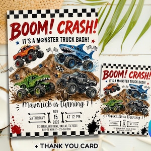 Op de afbeelding: Verjaardagsfeestuitnodiging met monstertruckthema met de tekst "BOOM! CRASH! It's a Monster Truck Bash!". Inclusief een bedankkaart en een Canva-sjabloon.