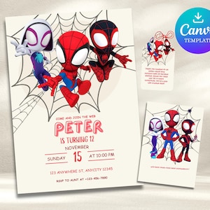 May include: A set of Spider-Man themed party invitations and tags. The main invitation features three cartoon Spider-Man characters on a web, with text that reads "Peter is turning 12" and event details. A Canva template logo is also visible.