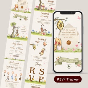 Puede incluir: Un teléfono inteligente que muestra una plantilla de invitación digital para baby shower con ilustraciones de Winnie the Pooh, detalles florales y texto que incluye "It's the smallest moments that write the biggest chapters in our lives" y "RSVP Tracker".