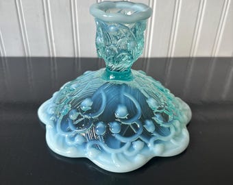 Fenton Blue Opalescent Lily of the Valley candlestick holder