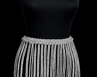 Cinturón plateado con flecos, cinturón con borlas, cinturón de macramé hecho a mano, accesorio para festivales, cinturón de cintura, estilo boho