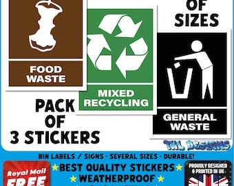 3 x Food Waste Mixed Recycling Bin Stickers – Durable Waterproof Labels for Bins