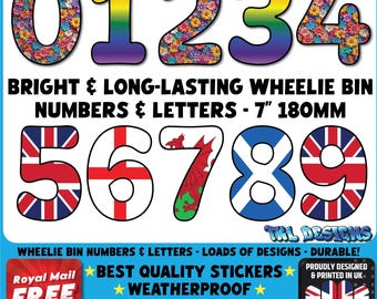 7" Wheelie Bin Numbers & Letters Stickers - Various Designs - Bright and Long-Lasting