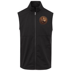 Puede incluir: Chaleco negro sin mangas con cremallera completa y cuello alto. Un parche circular de color bronce con la cabeza de un lobo está en el pecho izquierdo. El chaleco está hecho de un material liso y mate.