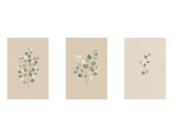 Conjunto de 3 láminas decorativas botánicas en tonos oliva neutro, decoración de pared imprimible en verde salvia beige, conjunto de pósteres minimalistas escandinavos, descarga digital.