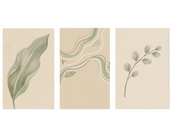 Conjunto de 3 láminas decorativas botánicas neutras para pared, decoración de pared imprimible en beige y verde salvia, conjunto de pósteres minimalistas escandinavos, descarga digital.