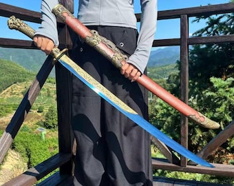 Espada ancha china de doble dragón forjada a mano, hoja de acero al manganeso azul, vaina de seda roja.