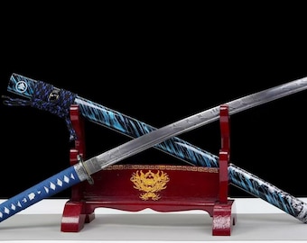 Espada katana de acero damasco con diseño de olas de Ghost of Tsushima, forjada a mano, con vaina de madera.