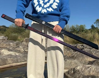 Réplica de katana de anime, espada samurái con hoja de patrón craquelado, empuñadura negra y saya, artículo de colección para cosplay.