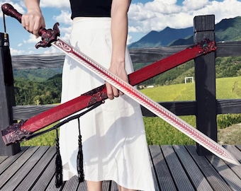 Espada de la dinastía Han forjada a mano con llama roja, artesanía de Longquan, accesorio para cosplay de Wushu chino.