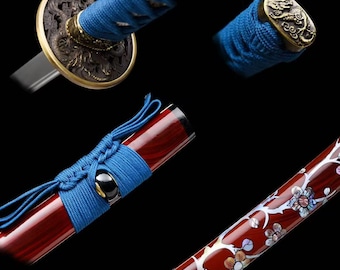 Espada Katana hecha a mano con diseño de flor de cerezo / Espada samurái de acero 1095, funda decorativa (saya), ideal para exhibición en cosplay.