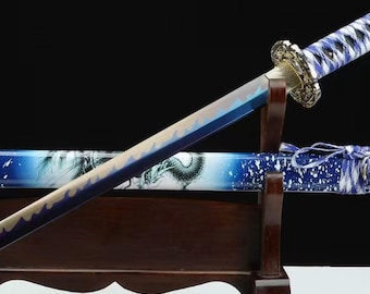 Katana Dragón Azul hecha a mano, espada samurái de acero al manganeso, espada japonesa de exhibición de espiga completa.