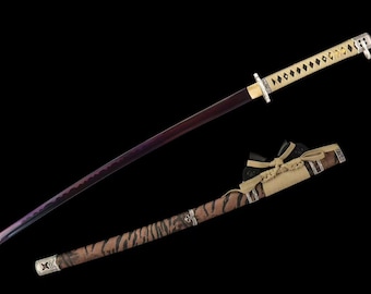 Katana de acero al carbono forjada a mano, hoja morada, vaina con estampado de tigre, espada samurái de espiga completa.