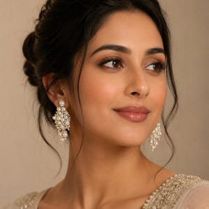 May include: A pair of chandelier-style earrings featuring clusters of small white pearls set in a metallic frame. The earrings have a stud-style top with a single pearl and a dangling, multi-layered pearlescent drop design that hangs from the earlobe.