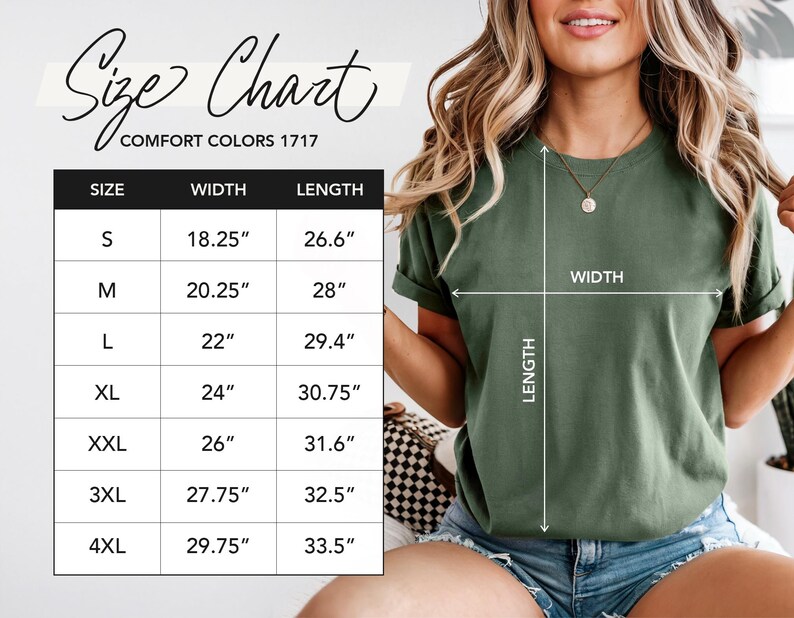 以下が含まれることがあります： Comfort Colors 1717 Tシャツのサイズチャート。Sから4XLまでのサイズが表示され、幅と長さの測定値がインチで表示されます。女性が緑色のTシャツを着ており、矢印で幅と長さを示しています。