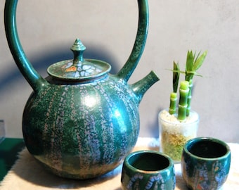 Artisanal Hand-Crafted Stoneware Teapot with Set of Cups in Teal with Lavender Detailed Glaze