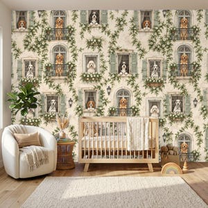 May include: Wallpaper featuring a repeating pattern of windows with green shutters, climbing vines, and various dog breeds looking out from balconies and sills. The background is a light cream color with a stone texture effect.
