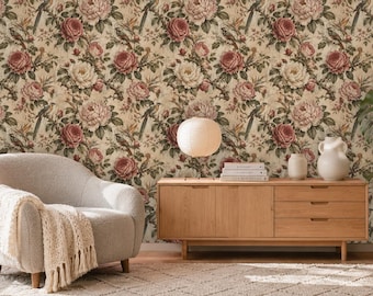 Vintage Botanical Birds Wallpaper Peel and Stick Removable Floral Peony Wall Mural