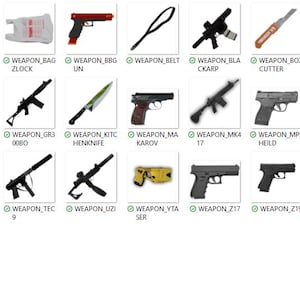 May include: Collection of various weapon models, including handguns, rifles, and knives. The image displays a variety of firearms with different designs and colors, such as black, silver, and tan. Each weapon is labeled with a unique identifier.