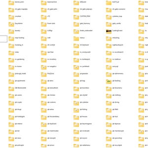 May include: A grid of yellow file folders, each with text labels. The folders are set against a white backdrop. The text on the folders varies, including words and phrases, suggesting a digital file system.