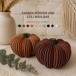 Könnte beinhalten: Zwei 3D-gedruckte Kürbisse mit gerippter Textur und dunkelgrünen Stielen. Ein Kürbis ist orange, der andere dunkelrot. Der Text lautet: NextLayerPrints3D, FARBEN (KÖRPER UND STIL) WÄHLBAR, Weitere Farben erhältlich, gefolgt von einer Reihe farbiger Kreise.