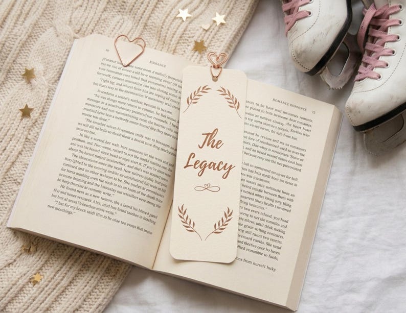 May include: An open book with a bookmark reading "The Legacy" and a heart-shaped paper clip. White ice skates with pink laces are in the background. The book rests on a cream-coloured knitted blanket with gold star decorations.