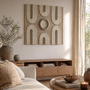 Puede incluir: Salón de tonos neutros con un gran tapiz de pared texturizado con un diseño geométrico de arcos y un círculo central. Debajo, una consola de medios de madera y una mesa de centro redonda con una vela encendida.