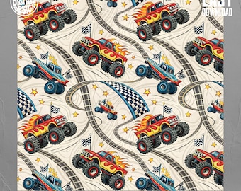 May include: A repeating pattern featuring cartoon monster trucks in red, yellow, and blue, racing on a track with checkered flags and stars. The trucks have large tires and flame designs, set against a cream background.