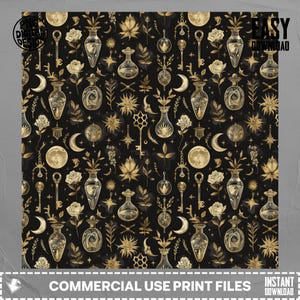 Op de afbeelding: Een herhalend patroon op een zwarte achtergrond met gouden illustraties van sleutels, manen, drankflessen, rozen en hemelse elementen. De woorden "COMMERCIAL USE PRINT FILES" staan onderaan.