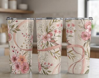 Diseño PNG de envoltura floral en acuarela para vaso de 20 oz, estilo cottagecore con flores rosas botánicas (descarga digital).
