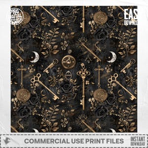May include: A dark, ornate pattern featuring gold keys, roses, moons, and decorative elements on a black background. The design includes the text "COMMERCIAL USE PRINT FILES".