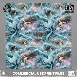 Mermaid Seamless Pattern PNG, Ocean Waves Sublimation Design, Fantasy Mermaidcore Art (Digital Download)