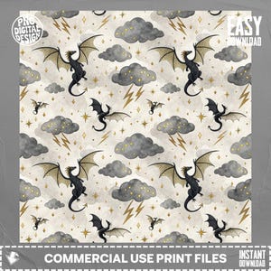 May include: A repeating pattern featuring black dragons with gold wings, gray clouds with gold stars, and gold lightning bolts on a cream background. The words "PNG DIGITAL DESIGN" and "COMMERCIAL USE PRINT FILES" are visible.