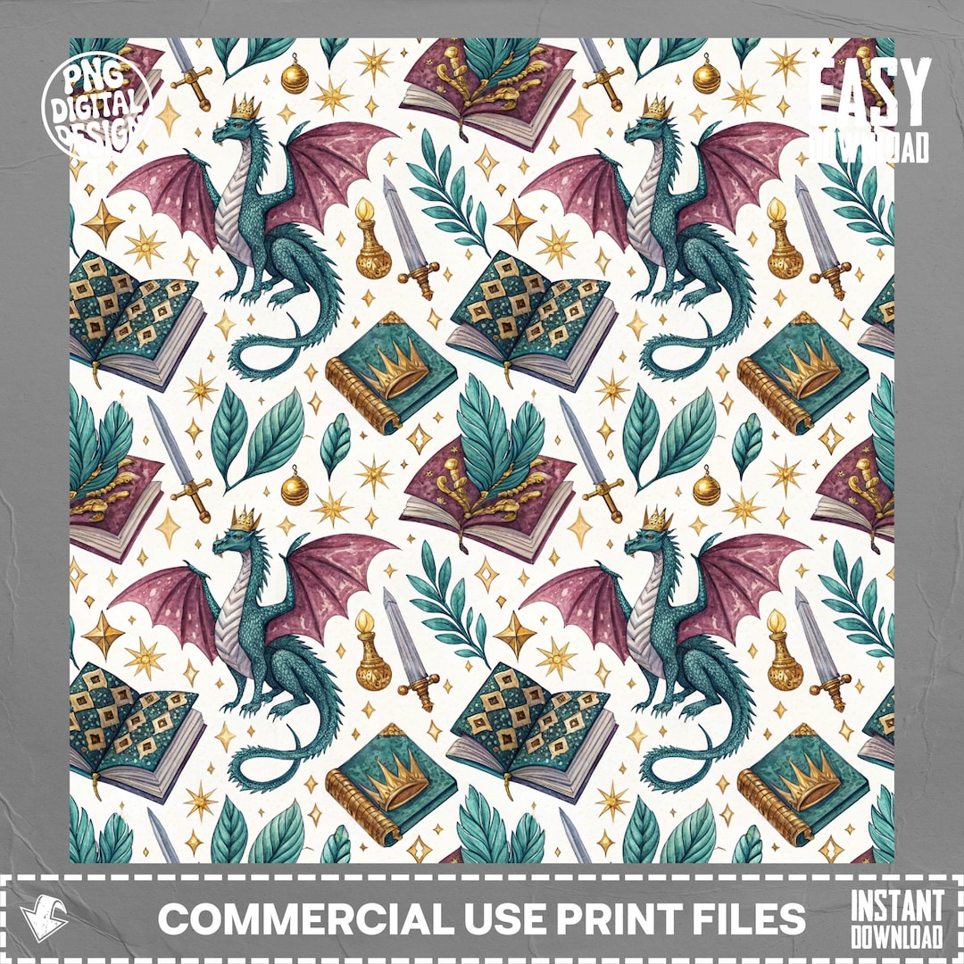 Dragon Seamless Pattern PNG, Whimsical Fantasy Fabric Design (digital ...