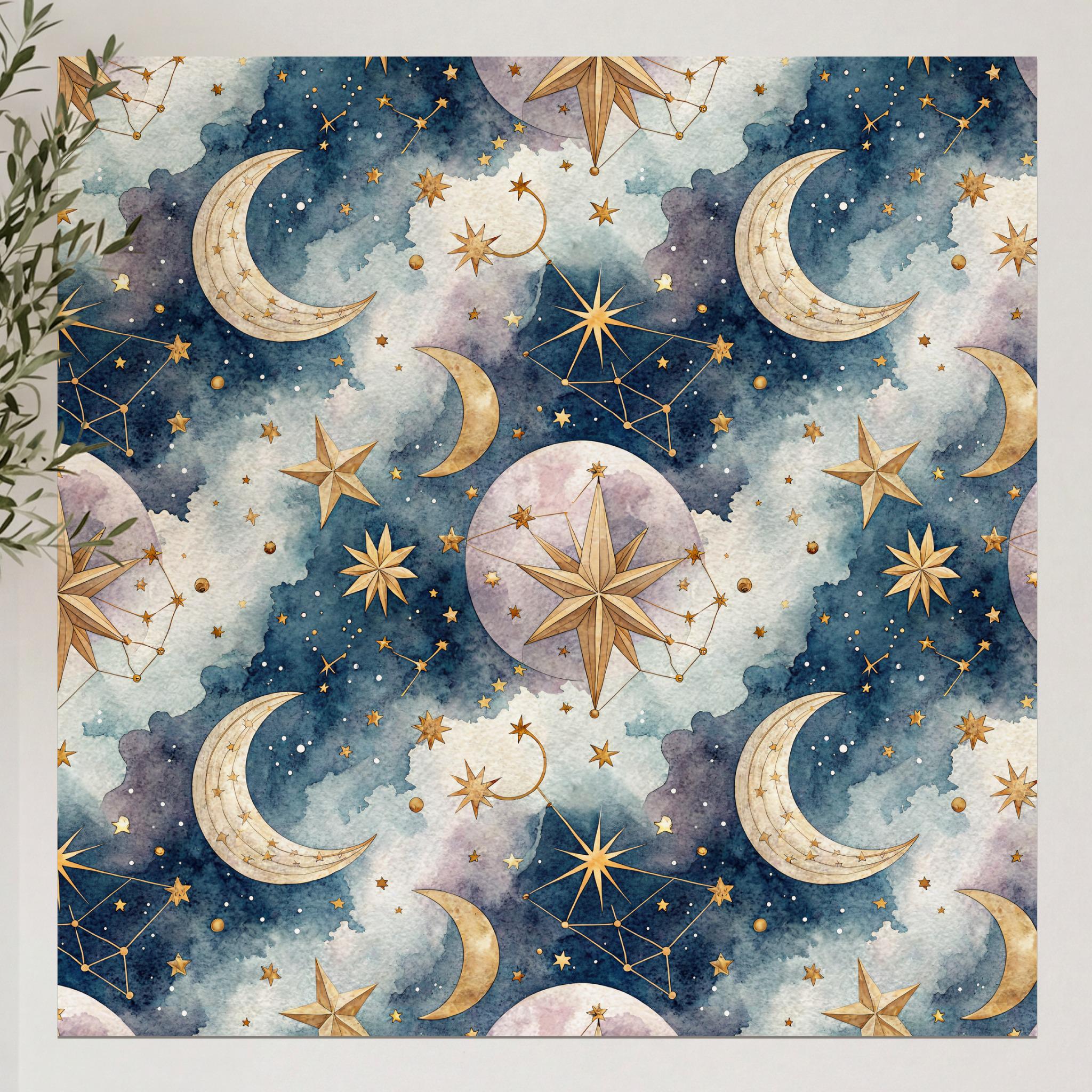 Watercolor Celestial Digital Paper Seamless Pattern Starry Night Moon ...