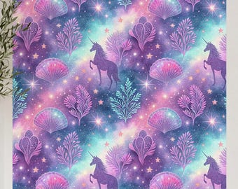 Unicorn Mermaid Galaxy Seamless Pattern PNG, Fantasy Celestial Craft Design (Digital Download)