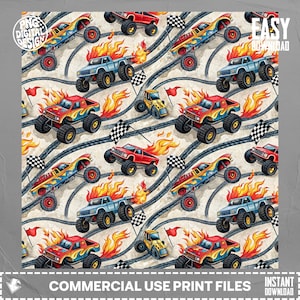 May include: A repeating pattern of colorful monster trucks with flames, checkered flags, and race tracks. The trucks are in various colors, including red, blue, and yellow, with flames and large tires. The background is a light beige color. The text "COMMERCIAL USE PRINT FILES" is at the bottom.