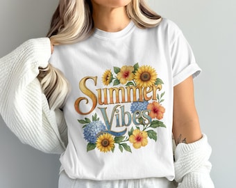 Summer Vibes Trending PNG Digital, Floral Sublimation Design, Sunflowers Hydrangeas Hibiscus Faux Gold Print, Tropical Summer Vacation