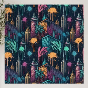Puede incluir: Un patrón repetitivo con paisajes urbanos estilizados, botes de pintura en aerosol y salpicaduras de pintura coloridas. Los edificios son azules, morados, naranjas y amarillos, con toques de verde y rosa. El fondo es azul marino oscuro.