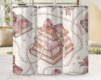 Diseño digital PNG para vaso térmico Coquette Books Pearls Tumbler Wrap, Pink Bow Sublimation (Diseño digital)