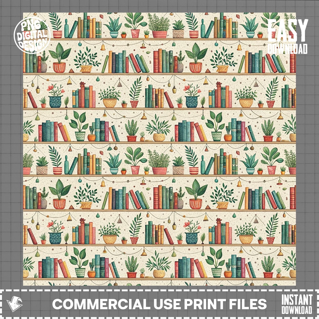 Cozy Bookshelf Seamless Pattern PNG | Watercolor Book Lover Digital ...