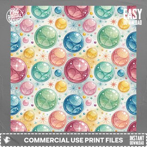May include: A seamless pattern featuring colorful, sparkling orbs in shades of pink, green, blue, and yellow, with star accents on a light background. The design includes the text "PNG DIGITAL DESIGN" and "COMMERCIAL USE PRINT FILES".