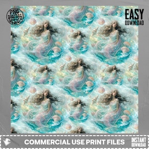 Mermaid Seamless Pattern Digital Download, Ethereal Ocean Waves Design, Fantasy Princess Sublimation PNG File