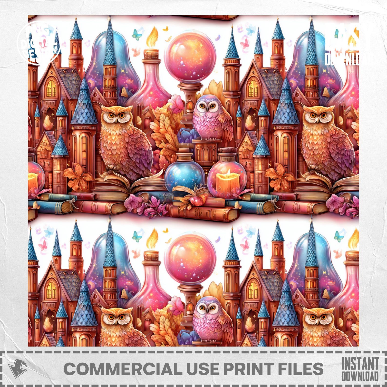 Magic School Castle PNG, Whimsical Wizard Owls, Enchanted Books Art ...