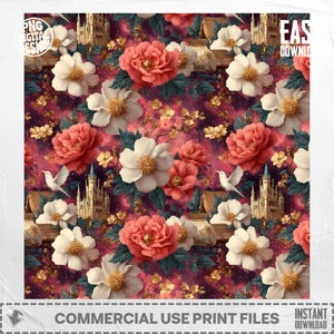May include: A digital print featuring a repeating floral pattern. The design includes large, coral-colored peonies, white flowers with yellow centers, and small gold blossoms. The background is a deep burgundy with hints of gold and green.