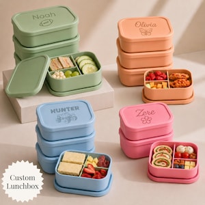 Personalized Kids Lunchbox Silicone Divided Container Custom Name Bento Engraved Toddler Box Compartment Meal Carrier Preschool Lunch Holder