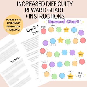 May include: A reward chart with colorful circles and yellow stars, featuring the text "Reward Chart", "START", "KEEP GOING!", "YOU'RE DOING GREAT!", "END", and "YOU DID IT!". An instruction sheet is included with the text "MADE BY A LICENSED BEHAVIOR THERAPIST".