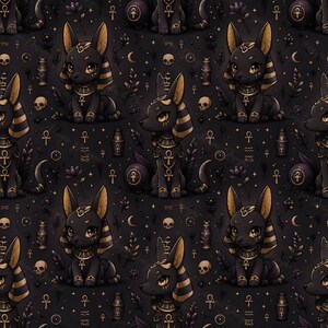 May include: Dark seamless pattern featuring stylized Anubis figures in black and gold. The design includes Egyptian symbols, skulls, and floral elements on a black background. The Anubis figures are depicted in a cute, cartoonish style.