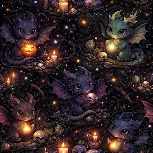Può includere: Un'illustrazione oscura e stravagante con più draghi dei cartoni animati con grandi occhi e ali simili a pipistrelli. I draghi sono circondati da candele, teschi e globi luminosi, creando un tema fantasy spettrale. Lo sfondo è una notte stellata.